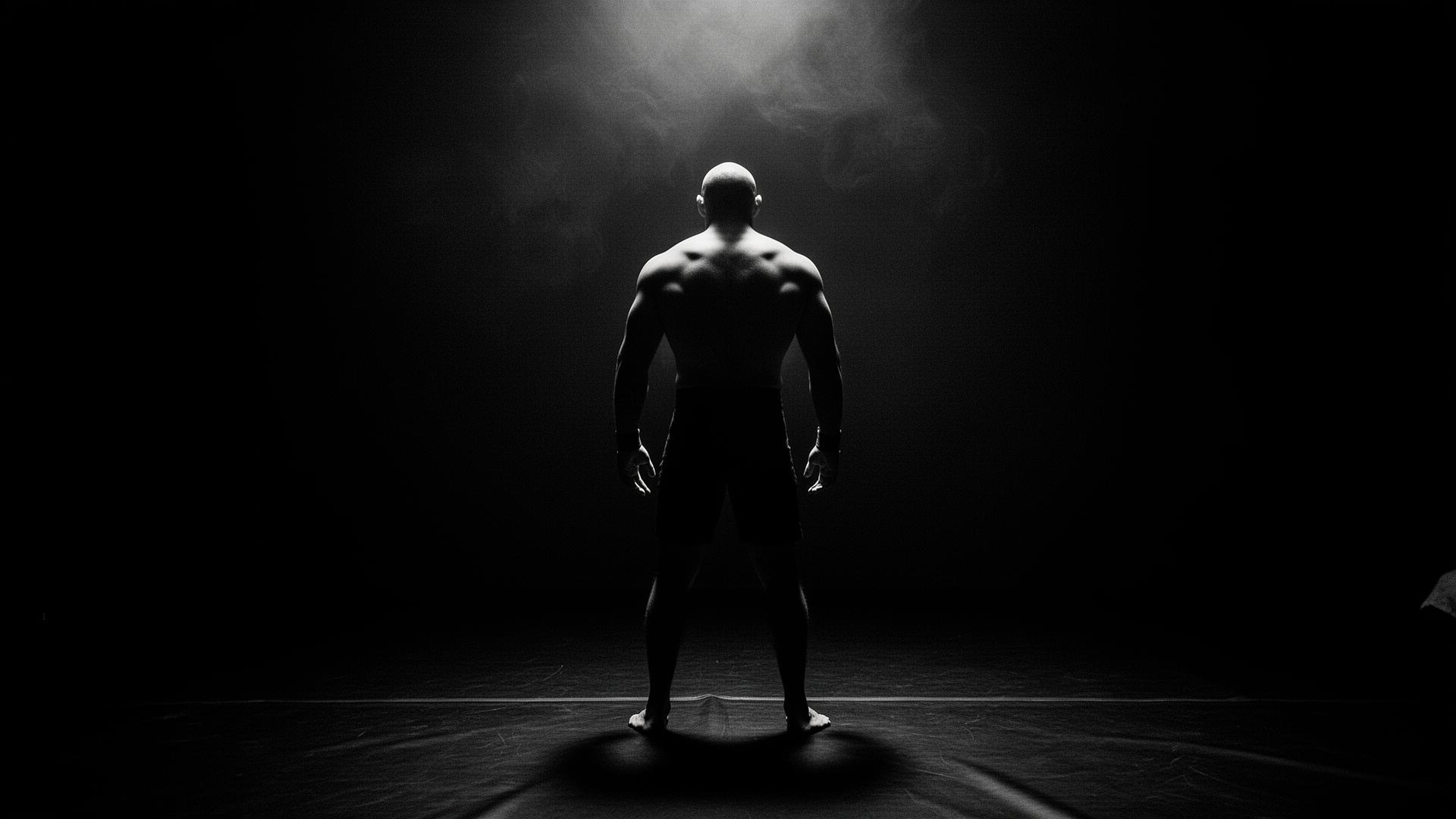 Lone grappler standing under a single light in a dark arena