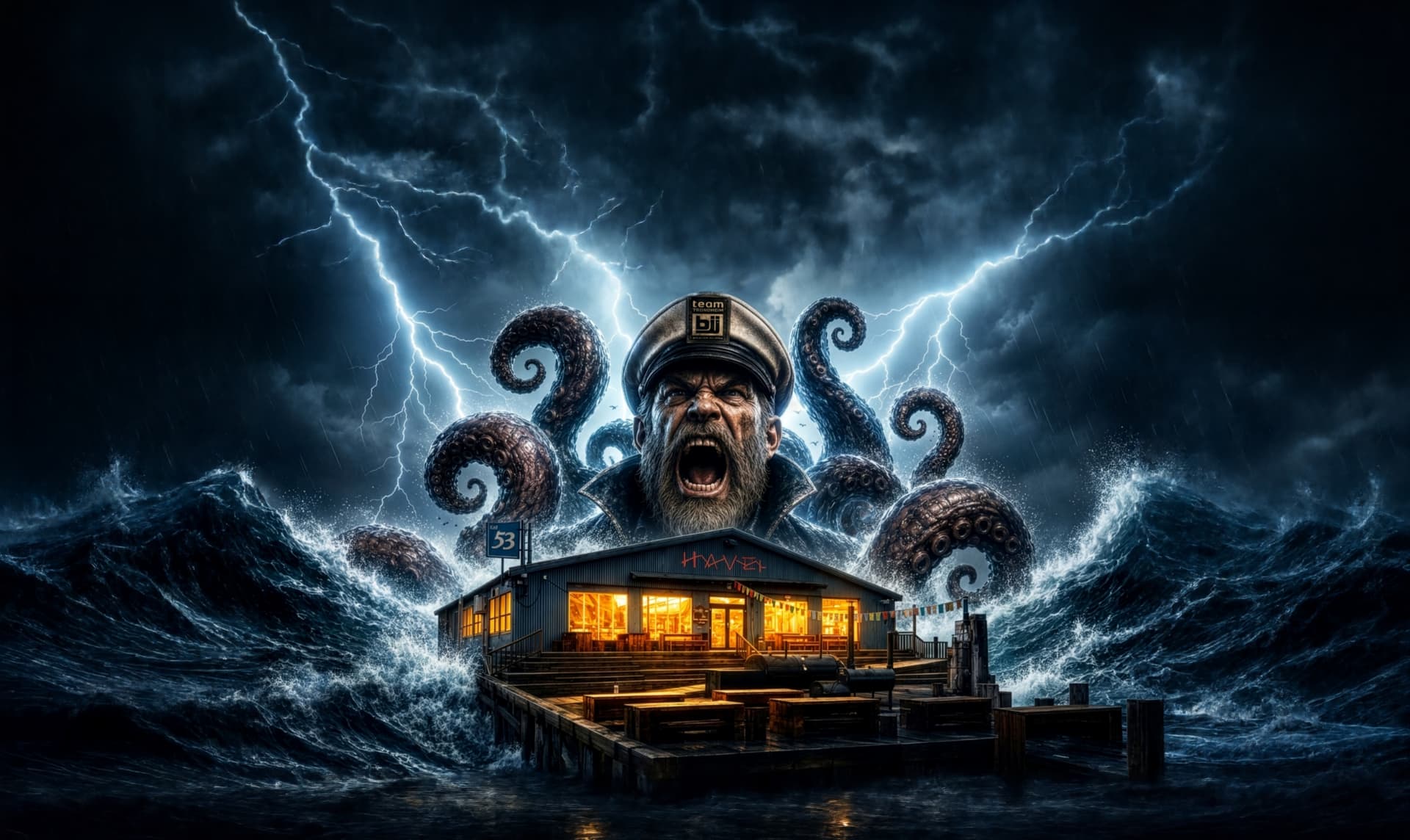 Storm over Havet Arena: Kaptein Underkrok og krakens tentakler reiser seg bak det varmt opplyste huset på kaia.